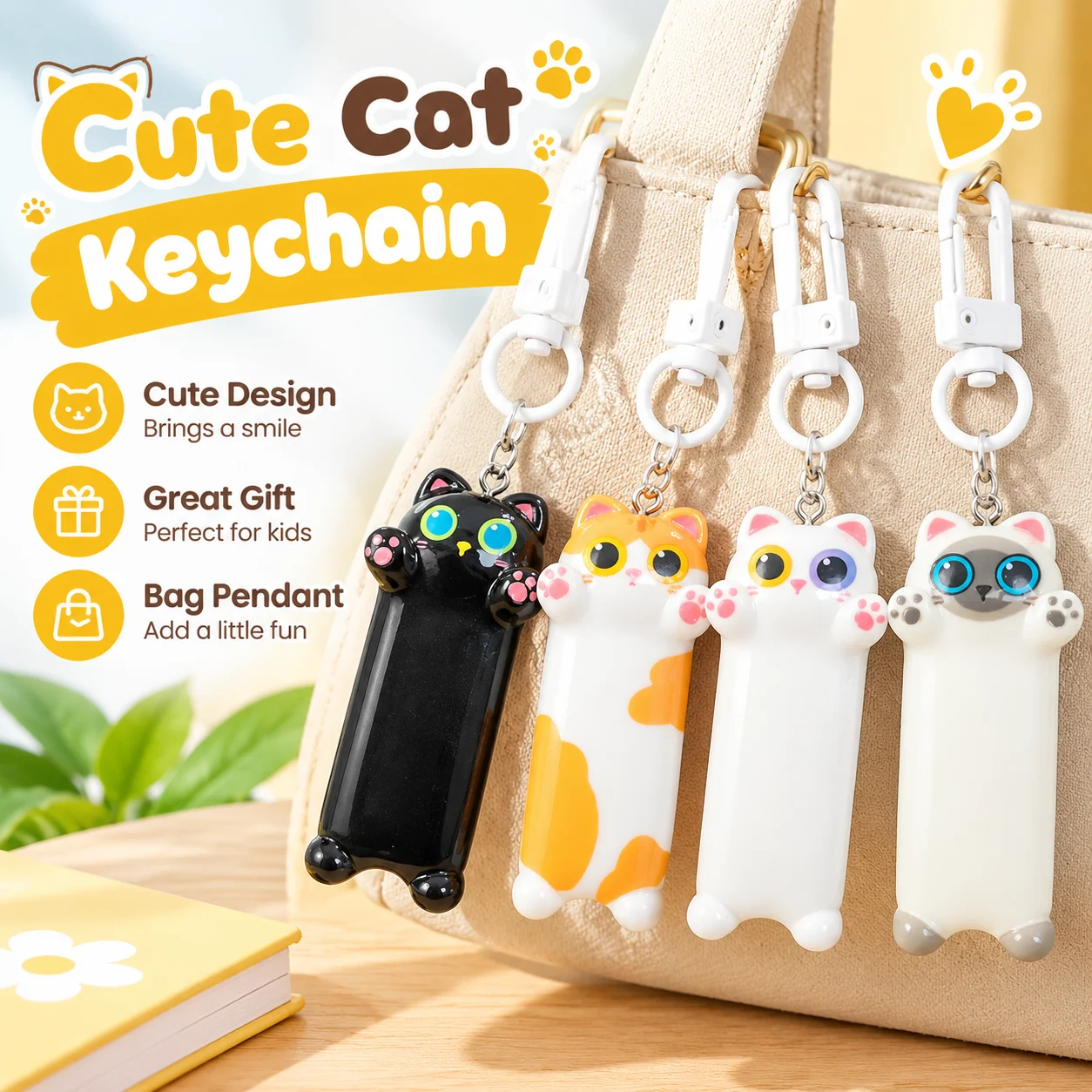 Cute Resin Cat Keychain with Hugging Design, Multicolor Bag Pendant Keyring for Kids, 6x2x0.5cm