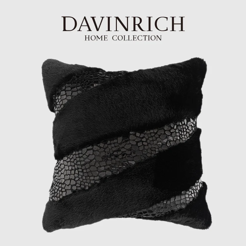 DAVINRICH Italian Modern Interior Fox Fur Splicing Cushion Covers Luxury Sequin Decorative Pillow Case 45x45cm For Villa Hotel