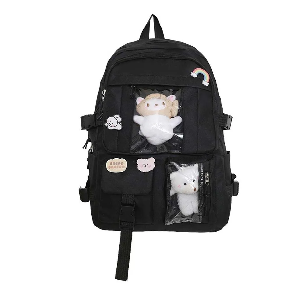 

Solid Color Nylon Ita Backpack Dust-proof Durable Students School Bag with Cartoon Pins with Large Capacity Daypack School