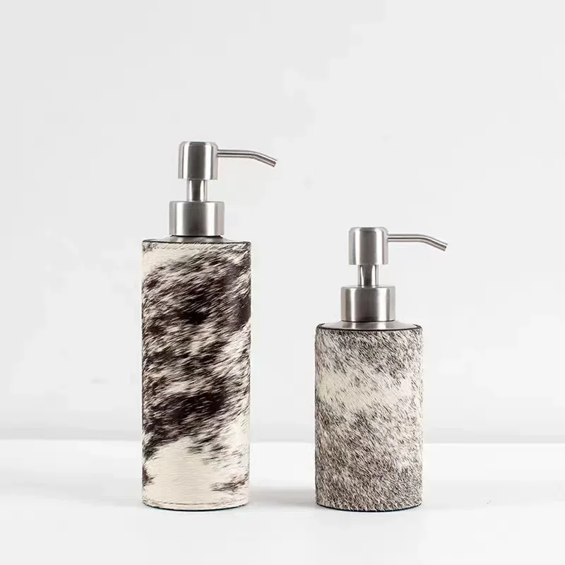 Luxury Cow Print Hair on Leather Soap Dispenser Set with Stainless Steel Pump, Modern Bathroom Accessory for Hotel High-End