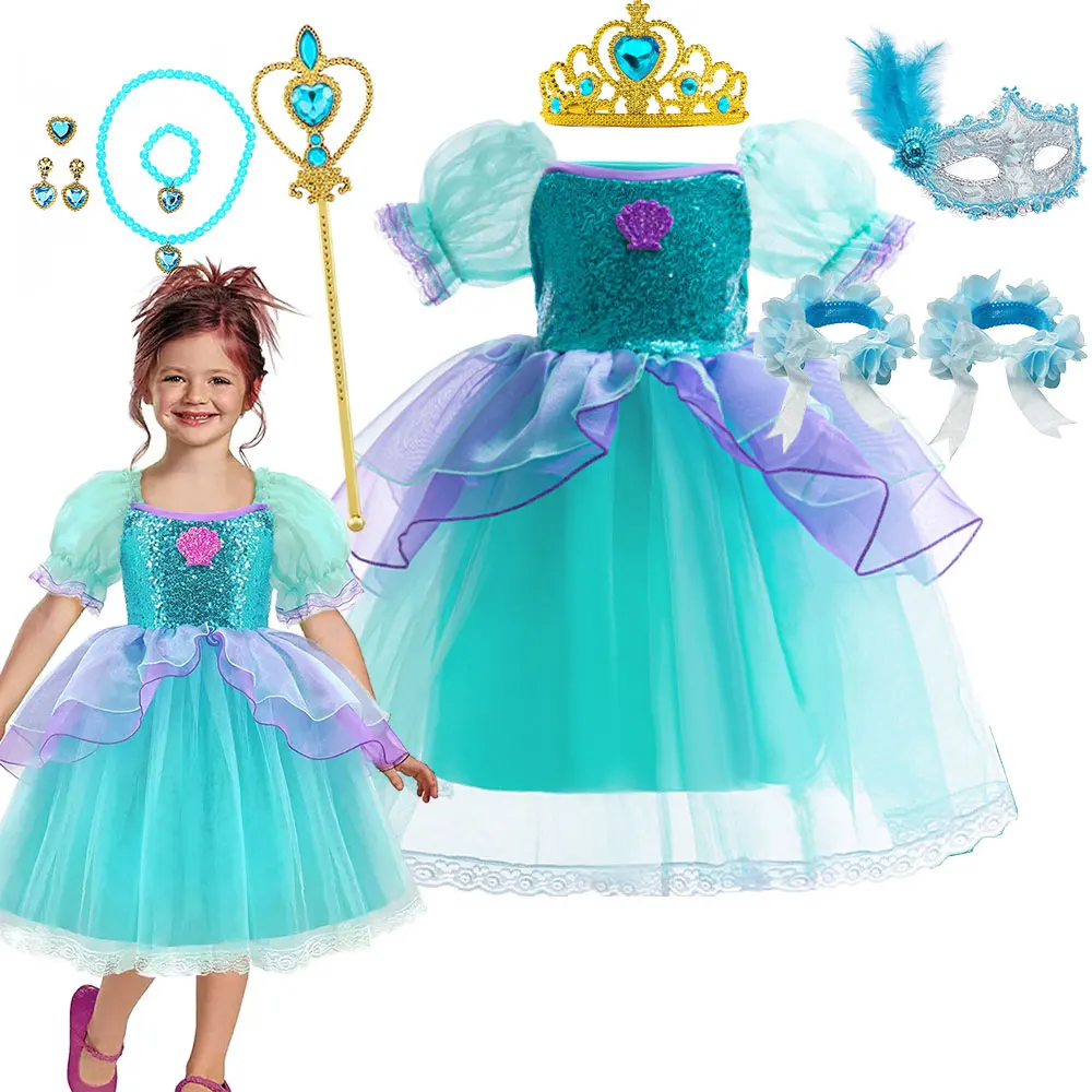 Puffy Lovely Mermaid Ball Gown Mesh Dress Girl Casual Princess Clothing Toddler Ariel Cosplay Party Frock Christmas Fantasy Robe