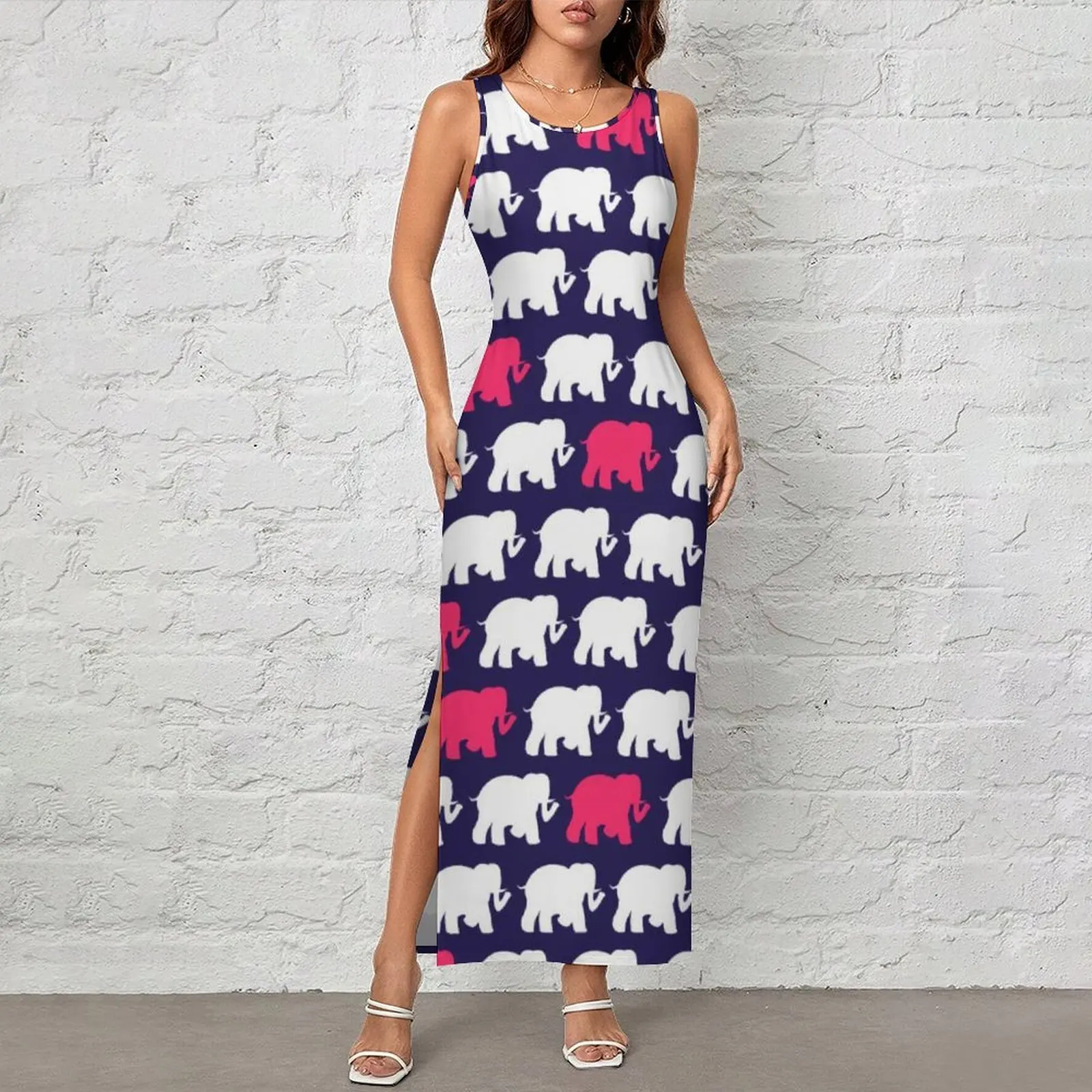 Elephant Art Dress Sleeveless Blue and Pink Elephants Design Pretty Maxi Dresses Holiday Aesthetic Printed Bodycon Dress