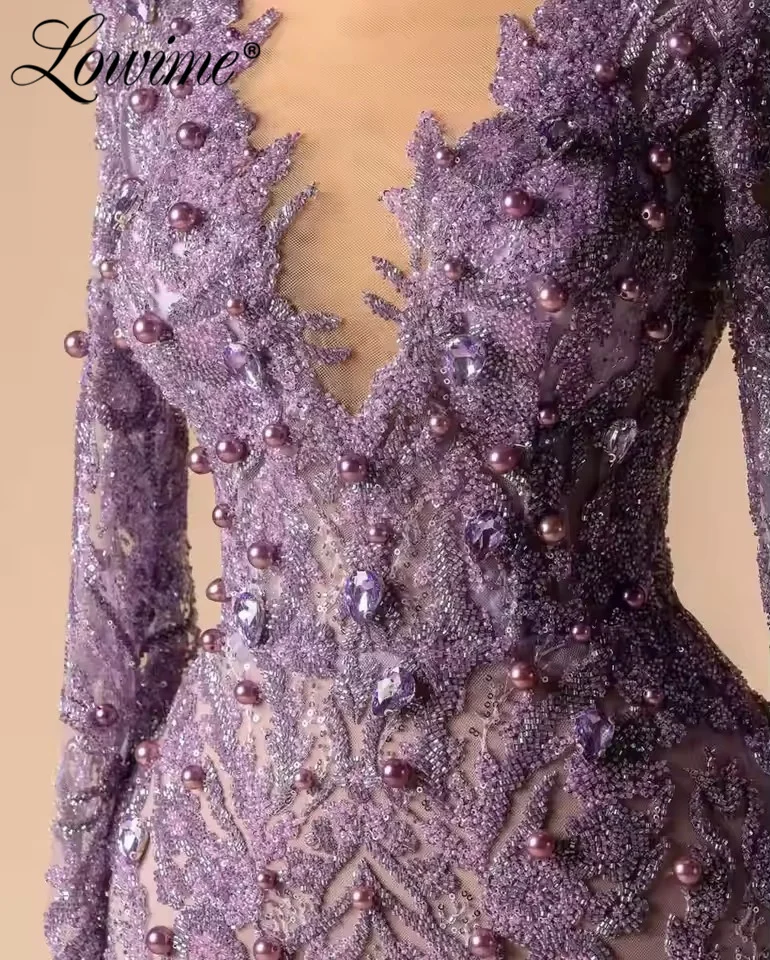 Elegancka fioletowa suknia wieczorowa dla kobiet, długie rękawy, suknie na przyjęcia, szyte na miarę, zdobione kryształkami, syrenie suknie balowe, prześwitujący dekolt, 2026