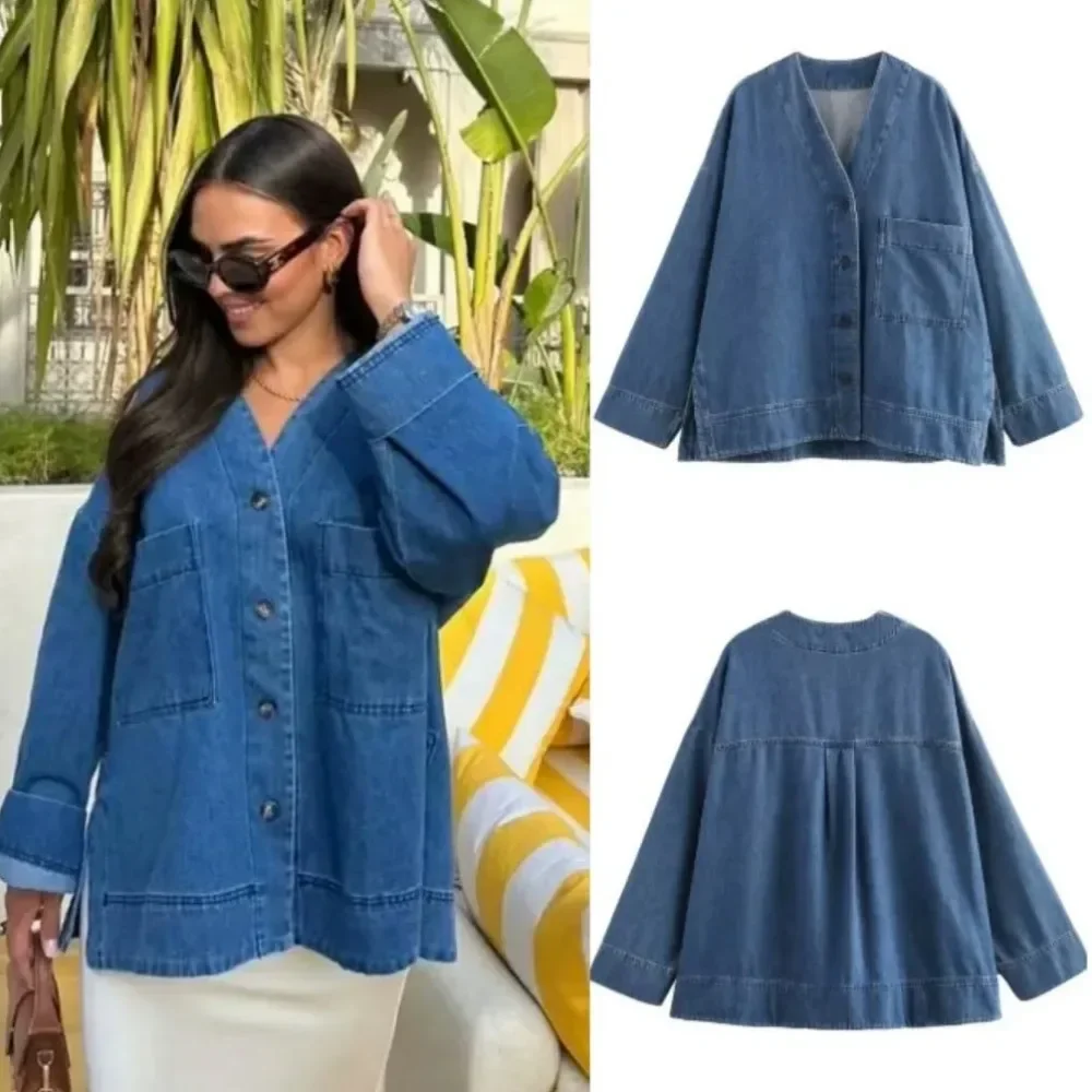 

ZBZA Women Drop Shoulder Denim Shirt Retro V-neck Long-sleeved Single-breasted Loose Slit Hem Casual Coat Spring New Chic Shirt