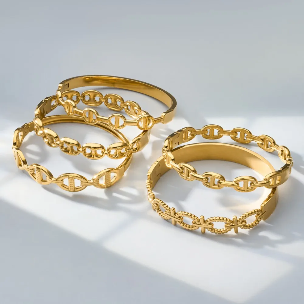 Ovale Gliederarmreifen aus Edelstahl für Damen, 18k Vergoldete Nautische Kettenarmreifen, Statement-Armband