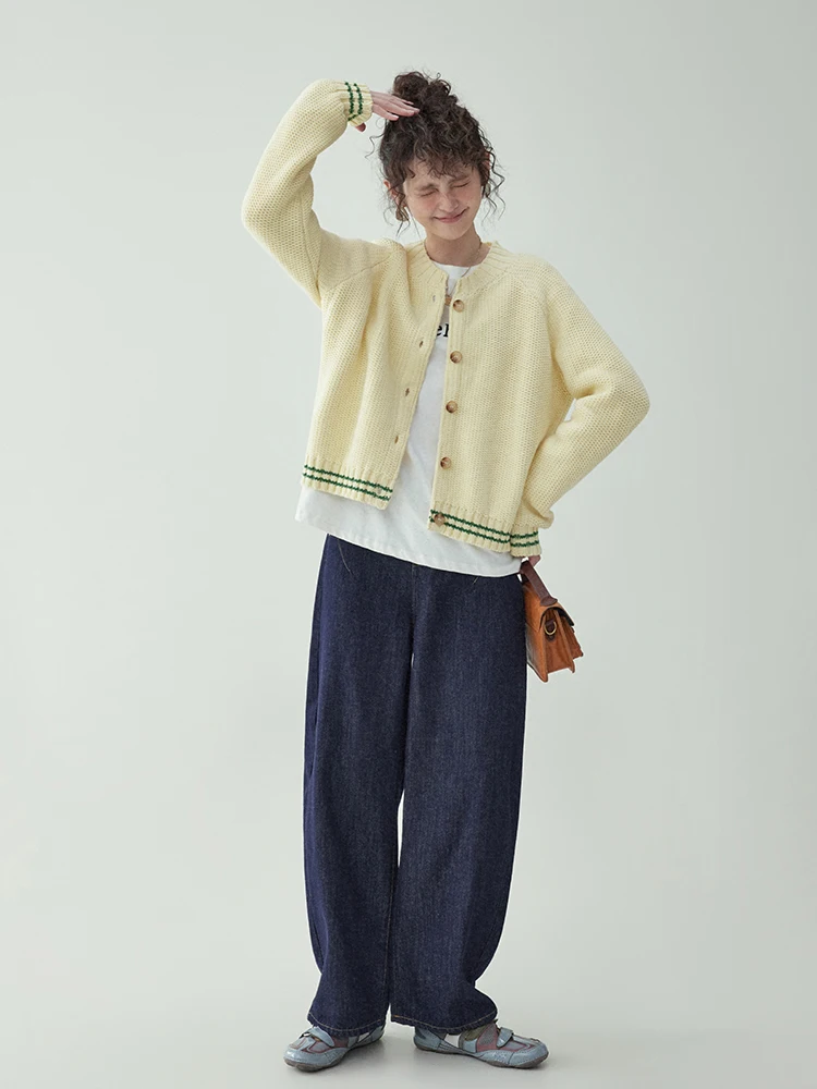 High Waist Pocket Denim Banana Pants Women's Spring Autumn Slim Straight Long Trousers Deep Blue Japanese Style Pure Color