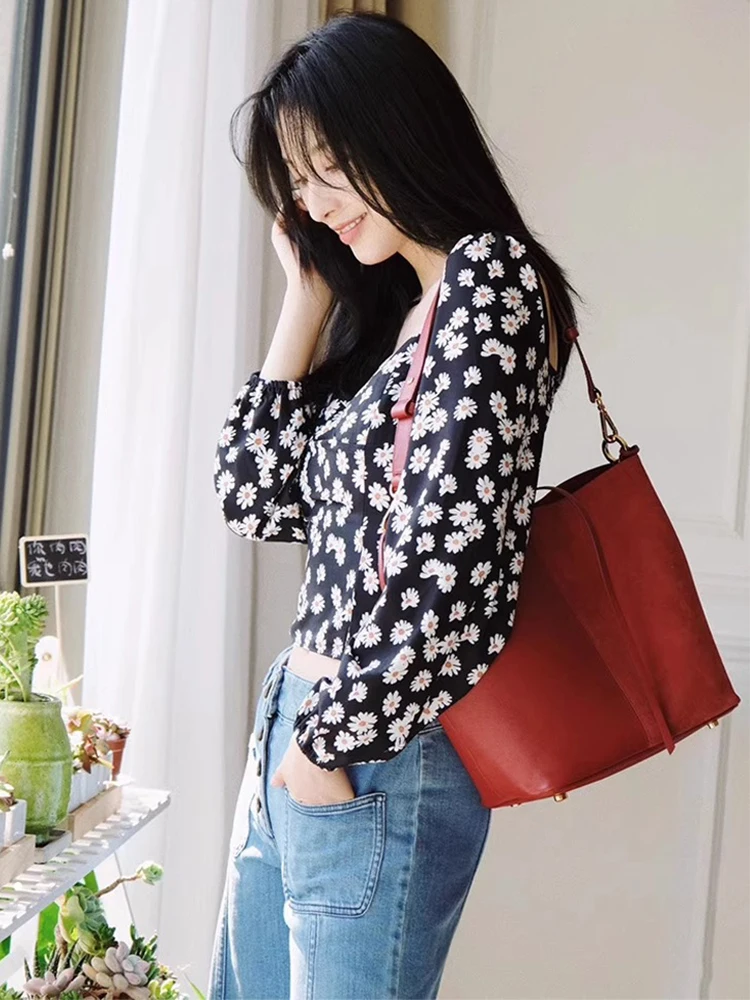 

Retro Square Collar Short Sleeve Long Shirt Daisy Print Black Women's Top Chiffon Summer Fashion Commute Style Gathered Waist