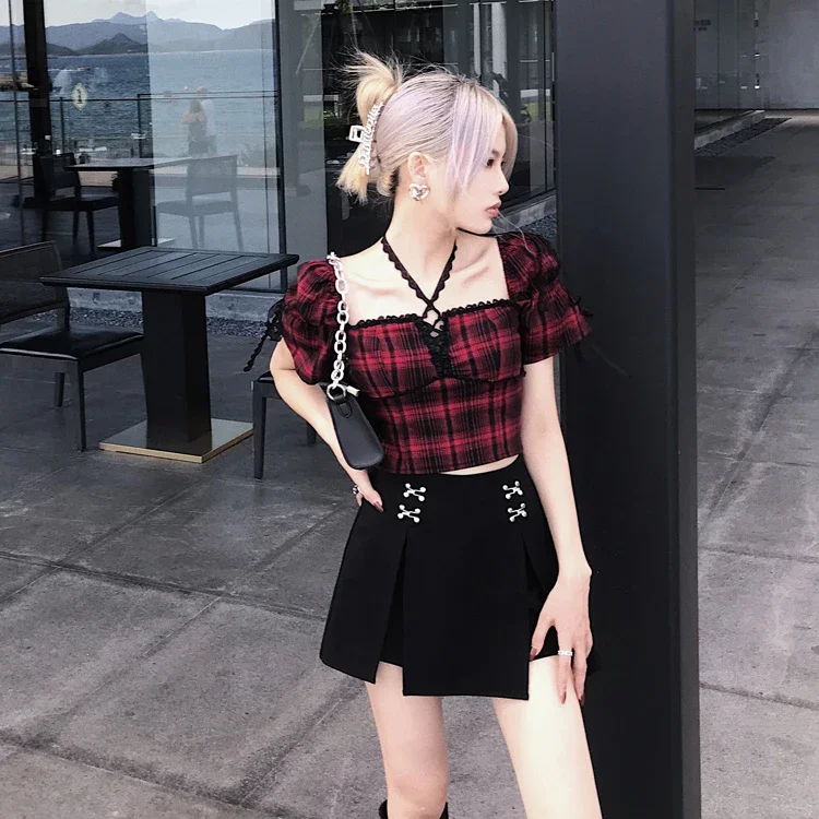 Ruibbit New Arrival Summer Gothic Women T-shirt Red Sexy Hollow Out Lace-up Puff Sleeve Print Girls Chic Streetwear T-shirts