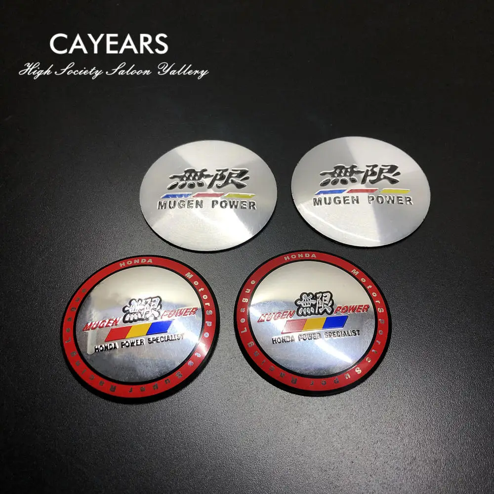 A Set 4Pcs Silvery Red Mugen Power Aluminum Alloy Racing Badge Car Wheel Center Caps Fit For Honda Modified Sticker Emblems