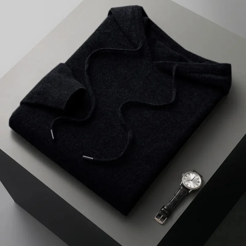 First-line ready-made 100% Australian wool sweater men's hoodie seamless casual hooded pullover solid color men