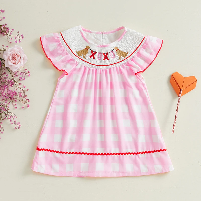 Baby Girl Smocked Dress Sleeveless Round Neck Plaid Shamrock Print A-Line Dress Toddler Casual Dress