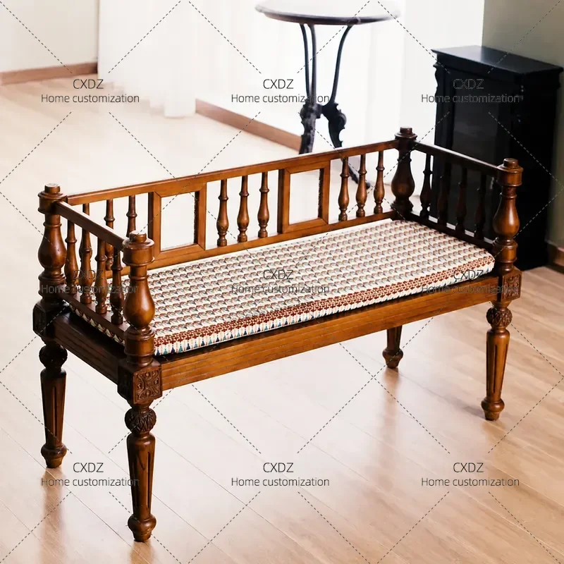 Retro Solid Wood Bench Living Room Balcony Leisure Chair Sofa Bedroom Bedside Seat with Engraving Customization