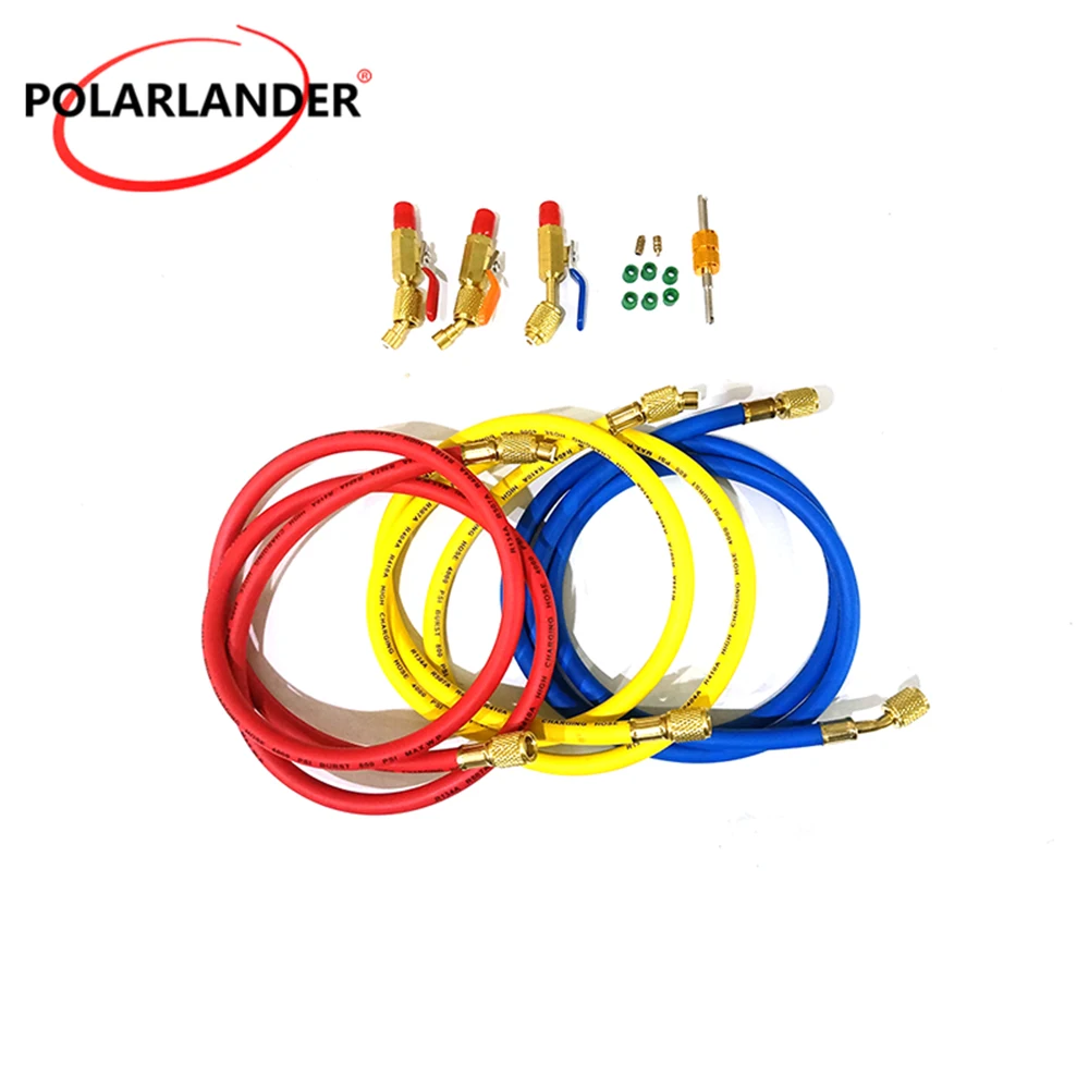60 inch 3‑color R410A charging hose kit ball valve 800PSI high‑pressure 1 4 SAE thread for air conditioner maintenance