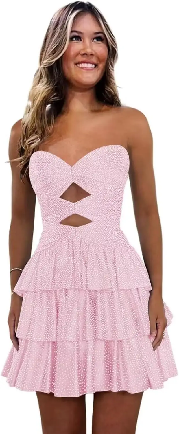 

Платье для встречи выпускников без бретелек с пайетками для подростков, короткое платье с многоуровневым вырезом, блестящее мини-платье для коктейльной вечеринки, выше колена, 2025 г.