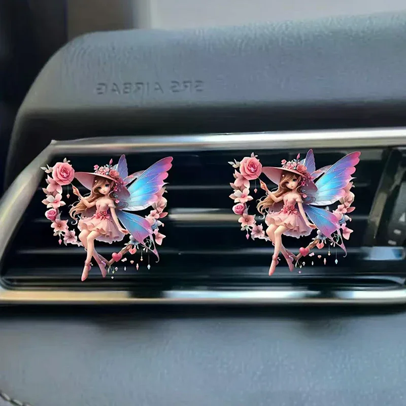 2pcs Cute Kitten Puppy Angel Girl 2D Flat Acrylic Car Air Freshener Vent Clip Aromatherapy Decoration Long Lasting Scent Gifts