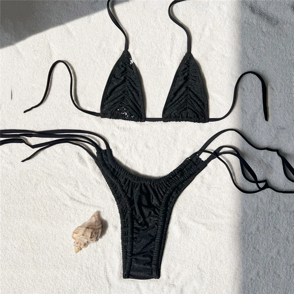 

НОВИНКА 2026: Мини-купальник, бикини-треугольник, черный, с рюшами, на завязках, микро-бикини, стринги, сексуальный женский купальник