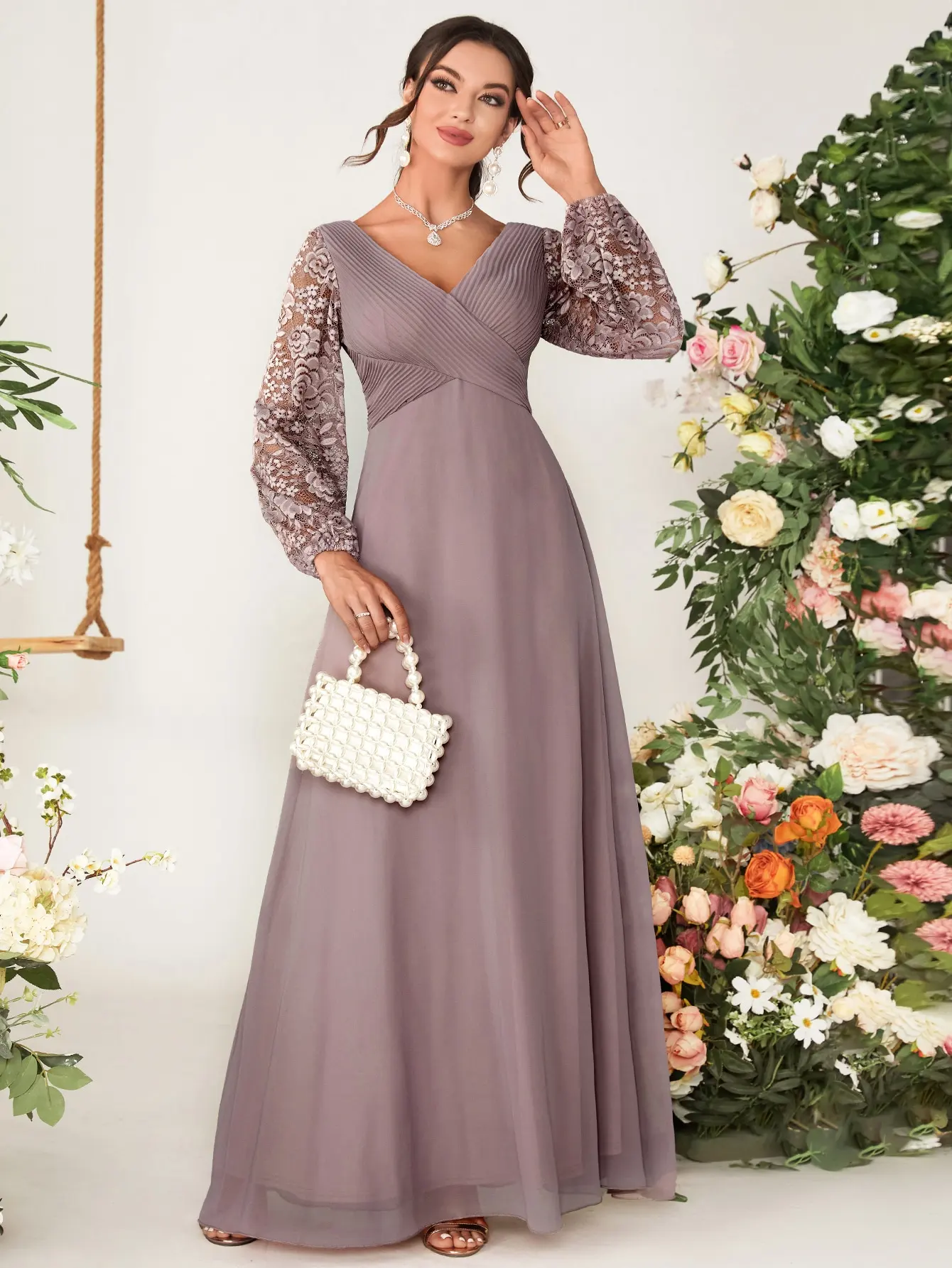 Mgiacy V-neck lace patchwork cross lantern sleeve Romantic chiffon evening ball dress Party dress