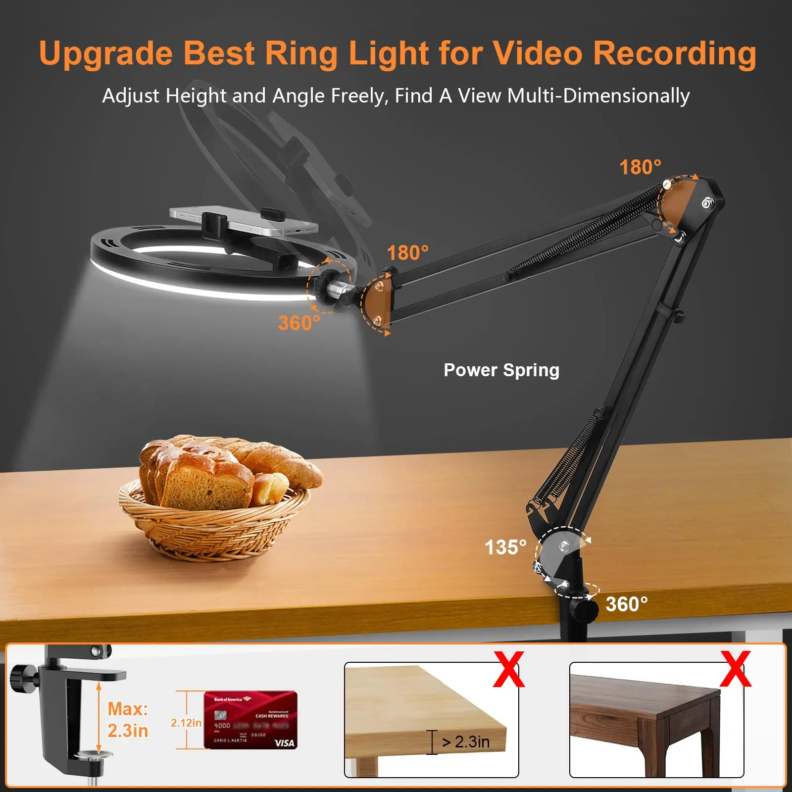 Tripé aéreo com anel de luz para celular, mesa de gravação de vídeo, tripe horizontal para smartphone para filmagem de cozinhar