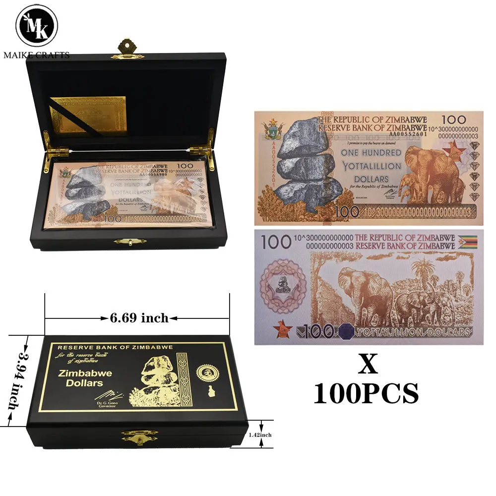 

100pcs/box Zimbabwe One Hundred Yottalillion Dollars Paper Money Wooden Box Set with UV Anti-counterfeiting Logo Collection Gift