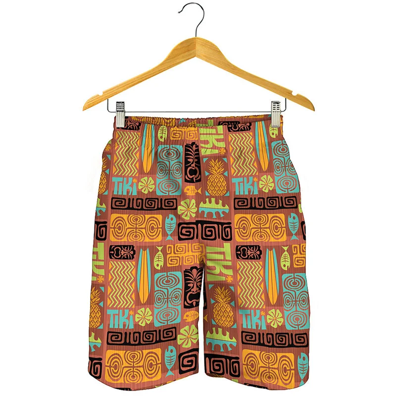 Retro Ethnic Tiki Graphic Beach Shorts Men 3D Printed Hawaiian Swim Trunks Summer Board Shorts Street Oversized Short Pants