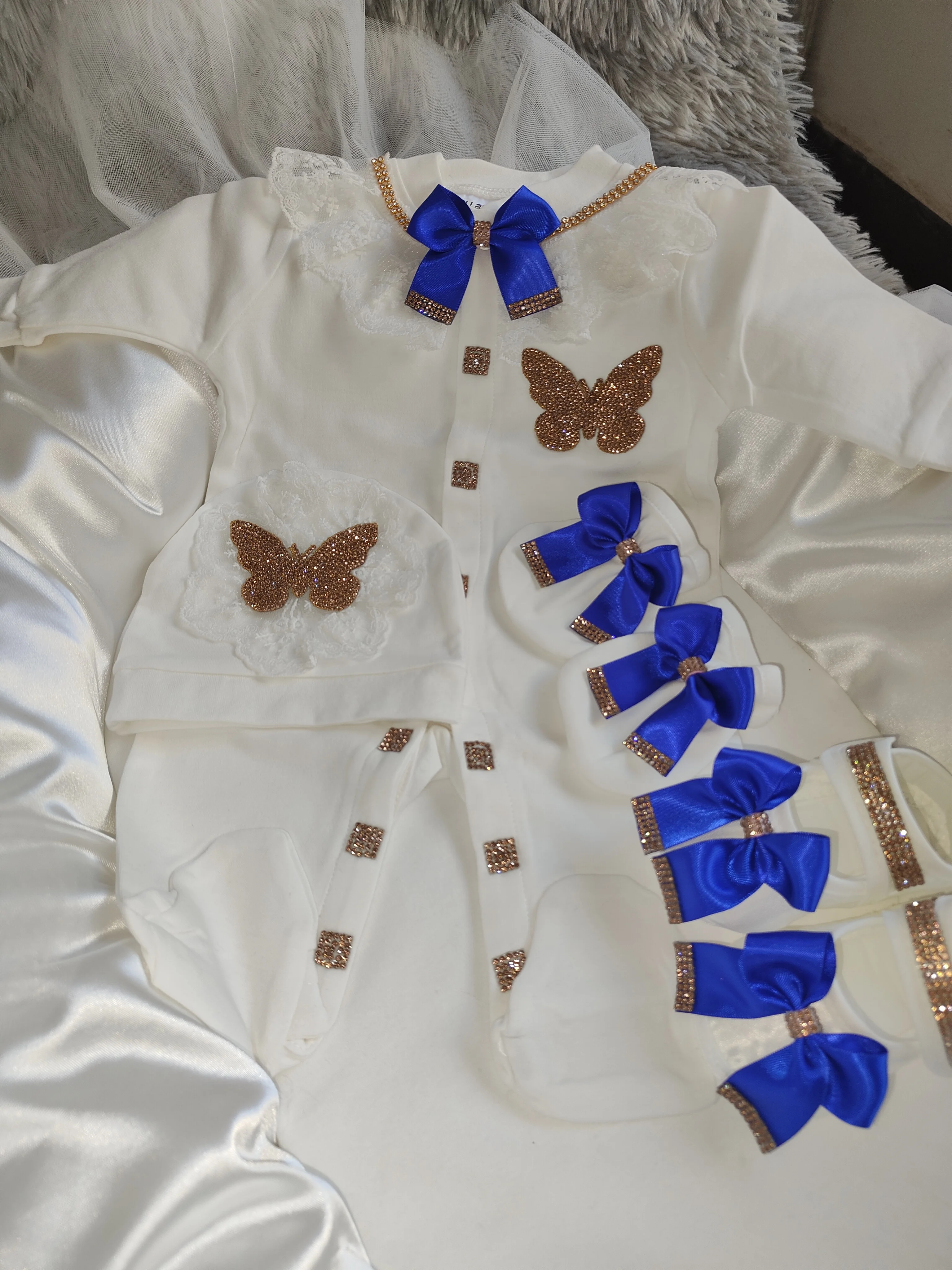

Vintage Lace Royal Baby Footed Onesie 4-Piece Set Featuring Blue Bow and Rhinestone Embellishments
