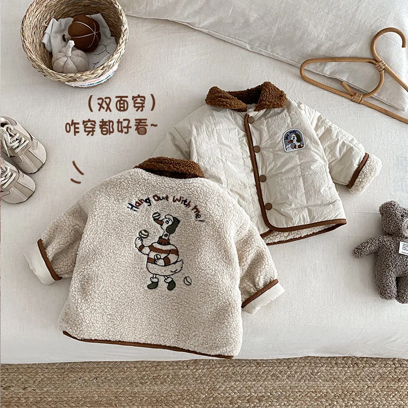 Children's Double-sided Outerwear 0-5 Years Old, Winter Boys' Fashion with Plush Sweater, Baby Granular Plush Cotton Clothing