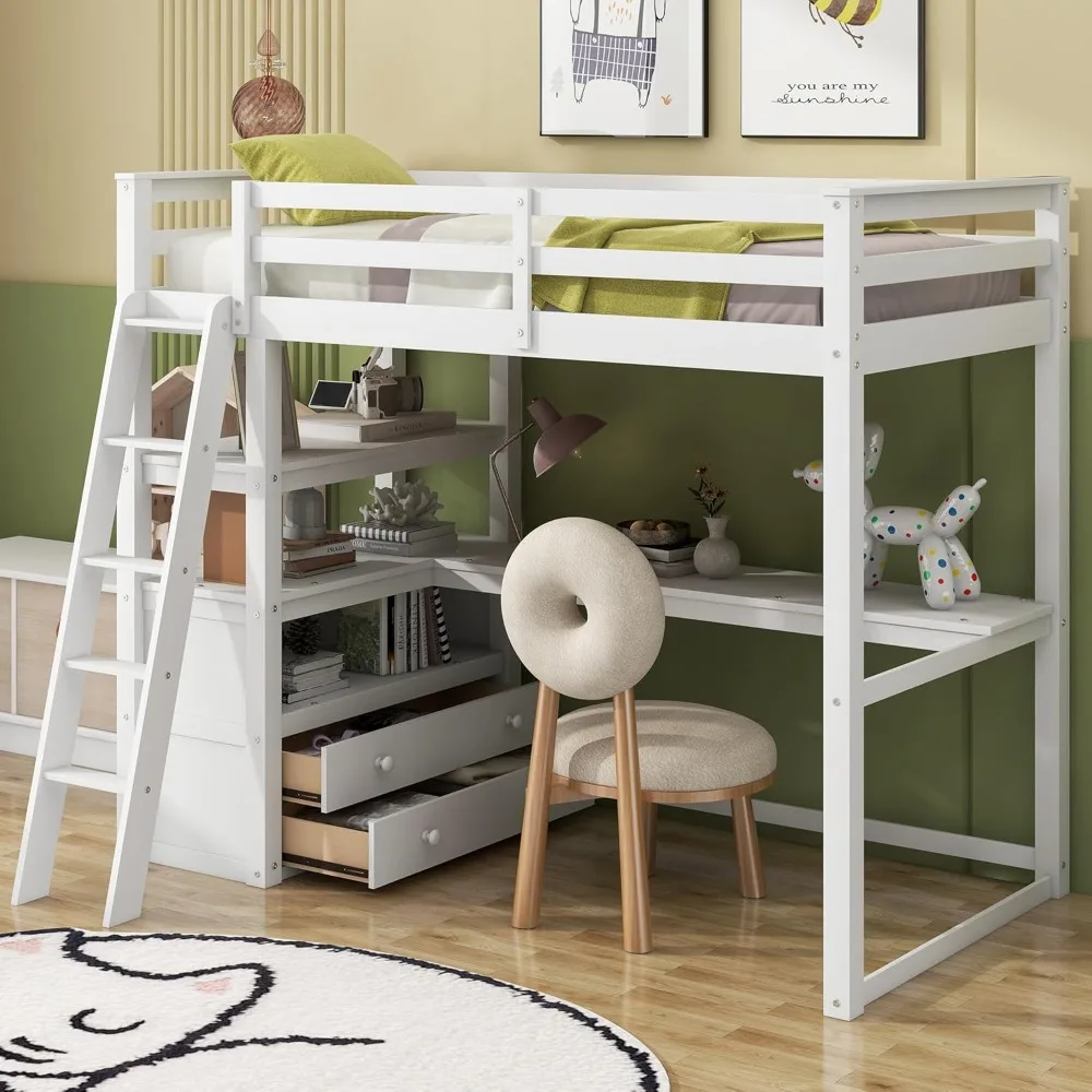 Full Size Loft Bed with Desk Solid Wooden Loft Bed Frame with Two Built Drawers and Shelves, High Loft Bed with Safety Guardrail