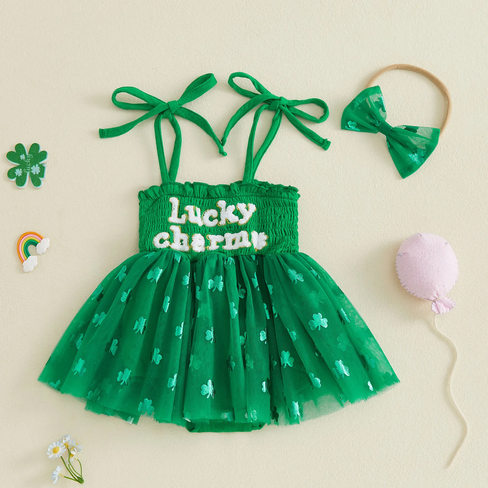 Newborn Girl Outfit Sleeveless Letters Clover Romper Dress with Bowknot Hairband Summer Clothes