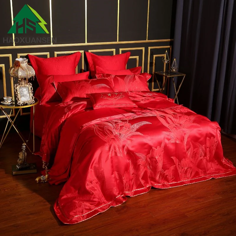 

High Density 4/6/7 Pieces Wedding Bedding Set Red Jacquard Embroidery Design Cotton Bed Linen Set Queen King Size Double Bed Set