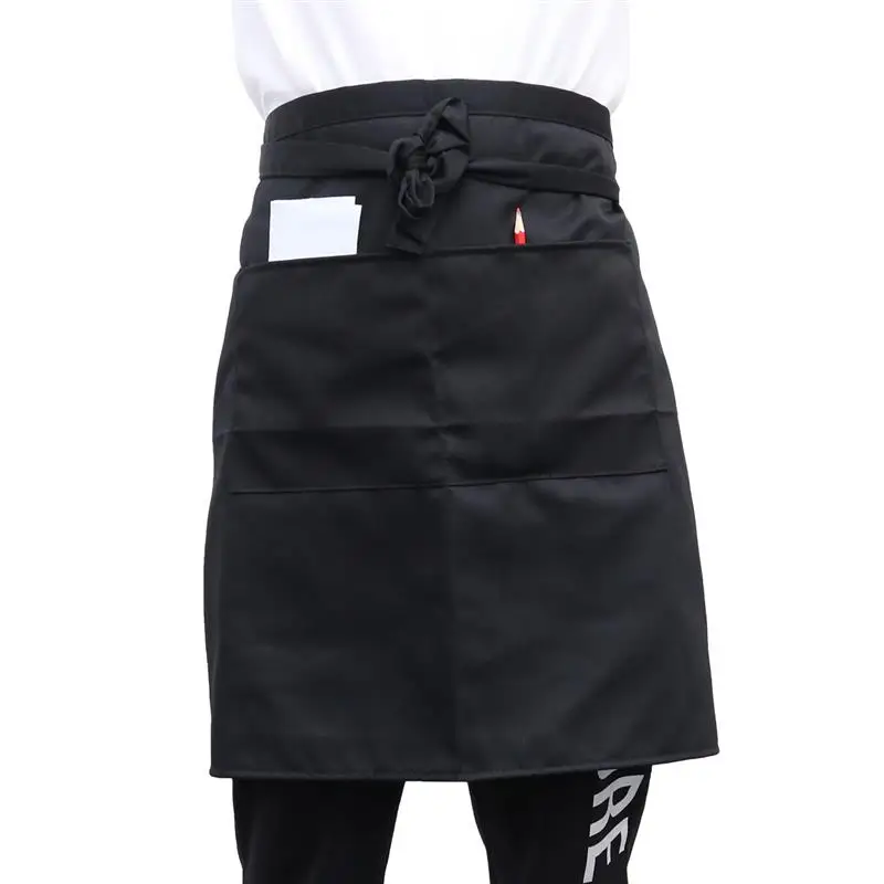 Black Kitchen Apron Universal Unisex Women Men Kitchen Cooking Waist Apron Short Apron Waiter Apron With Double Pockets