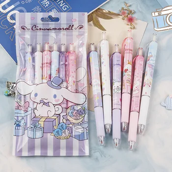 Kawaii 6 stks/set Sanrio Kuromi 0.5mm Gel Pennen Leuke Hello Kitty Cinnamoroll Druk Gel Pen Cartoon School Student briefpapier Gift