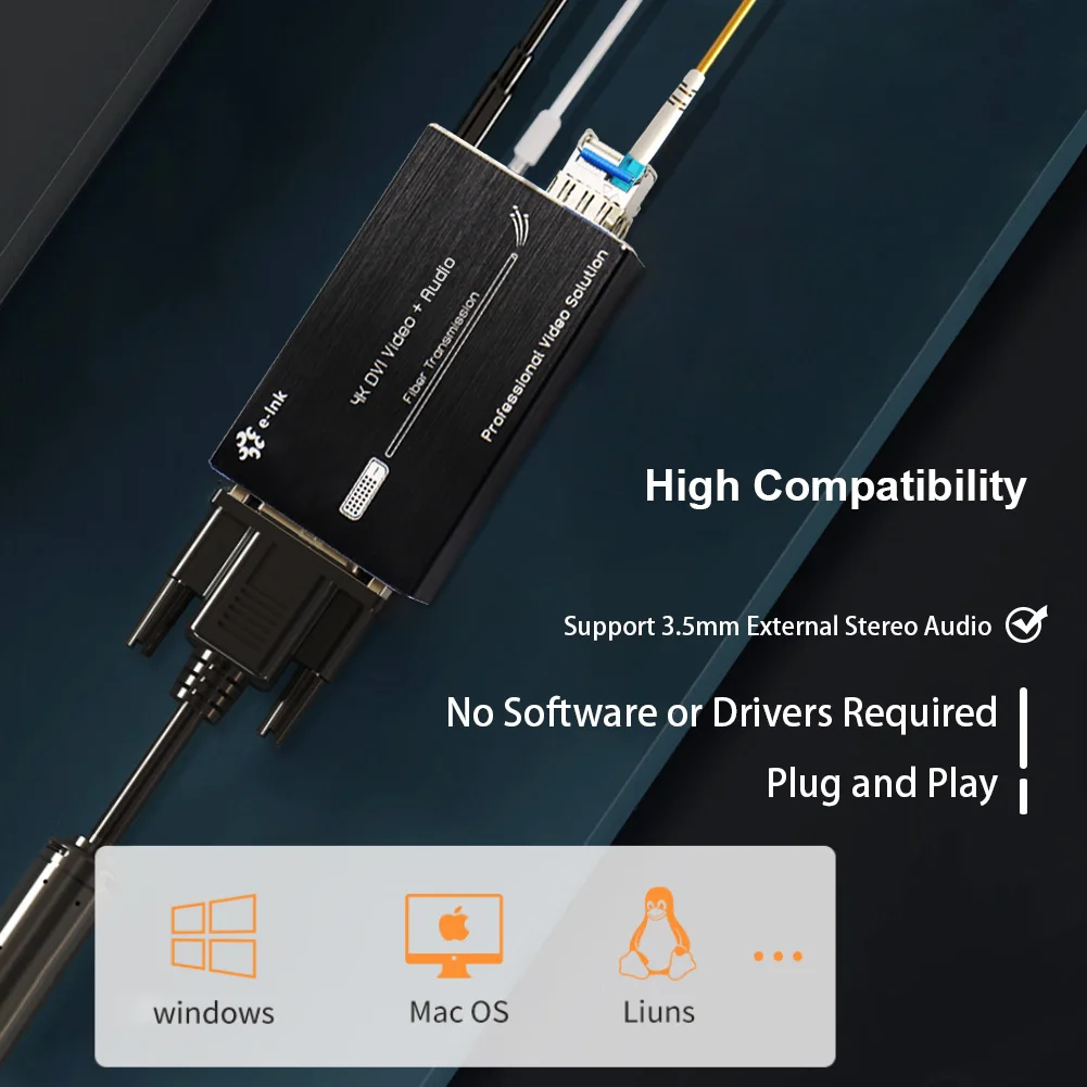 Mini 4K DVI Fiber Converter Ultra HD Video Optical Transceiver with External Stereo Audio (RS232) Type-C 5V Power Input