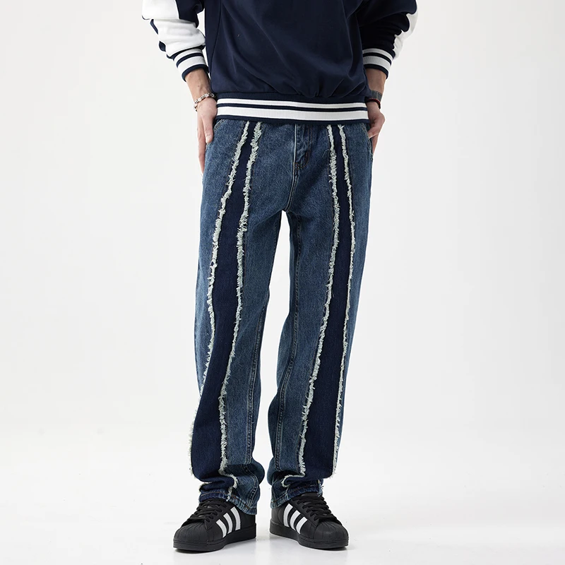 Y2K street fashion striped spliced men's jeans hip hop casual black loose men's trousers 2024 fall New Products