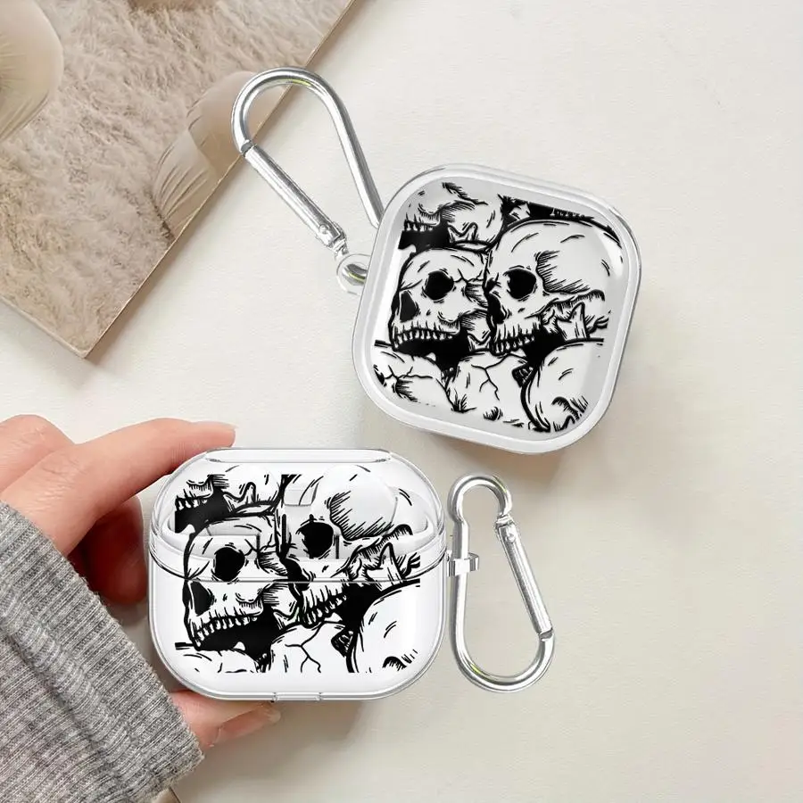 Case For Samsung Galaxy Buds 2 3 FE 3Pro 4Pro 4 Pro Live Clear Earphone Cases Cover Four Spooky Skull Patterns Black