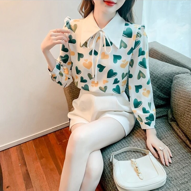 

Trendy Korean Fashion Women's Blouse Floral Print Peter Pan Collar Shirt Loose Long Sleeve Spring Top for Lady 2026