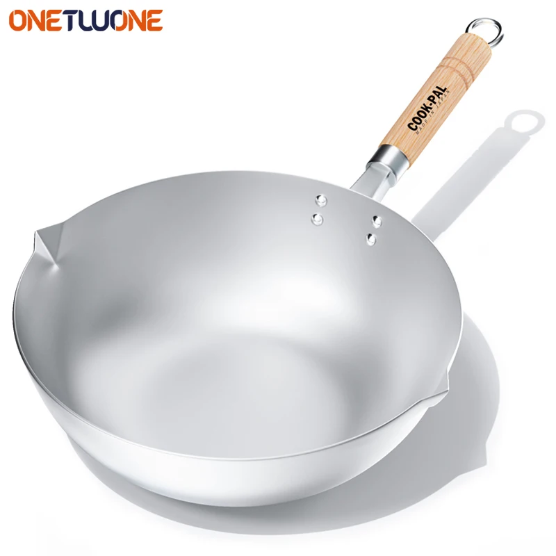 

Pure Titanium Wok 30/33/36cm Titanium Frying Pan Uncoated Non Stick Rust-free Skillet Pan with Wood Handle for Gas and Induction