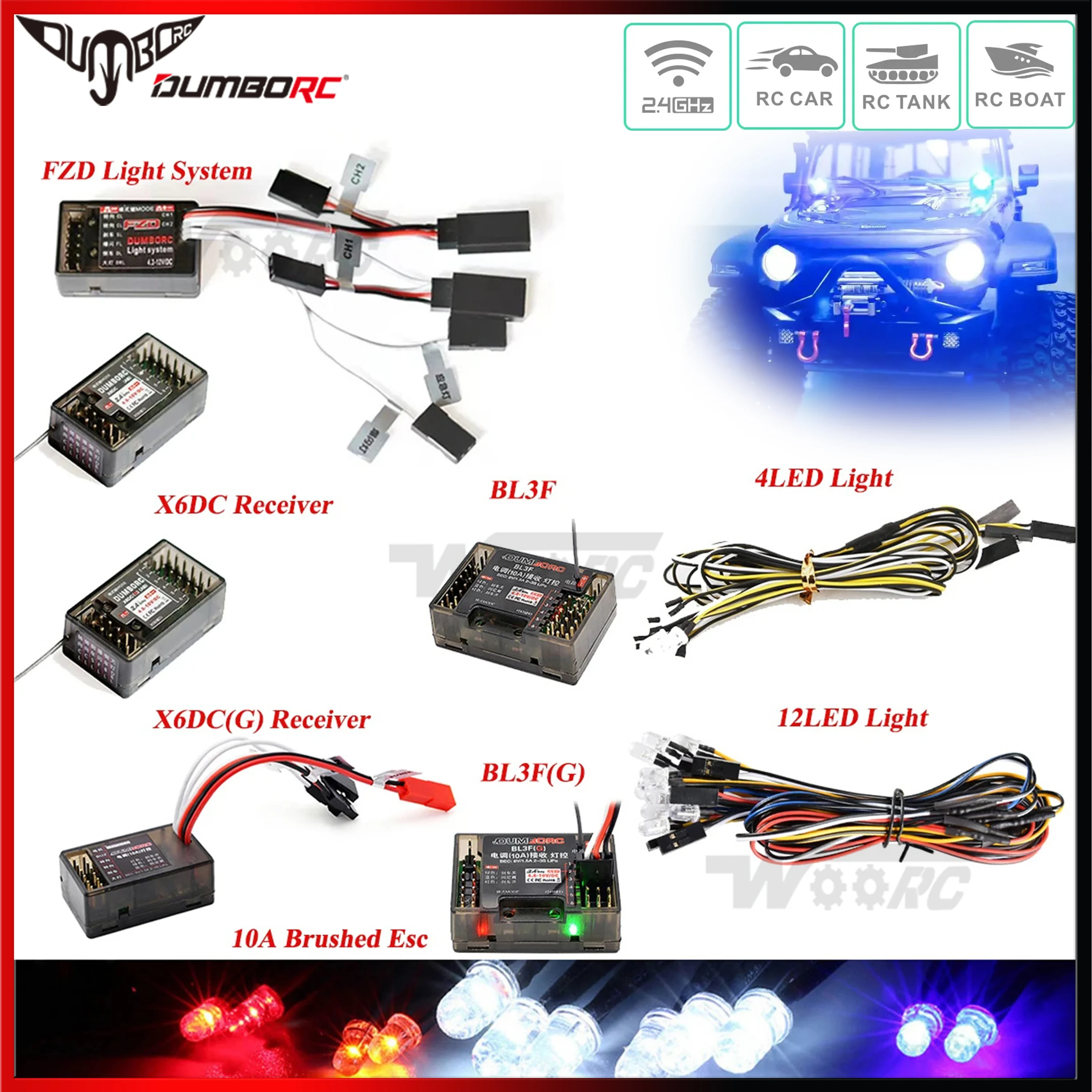 DUMBORC X6DC X6DCG BL3F(G) FZD Gyro Receiver 12LED Light Control System for RC Car Boat Tank Racing DIY Hobby Remote Controller