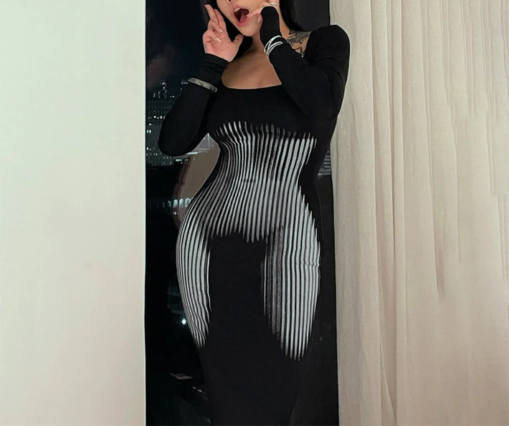 Women\'s Long Sleeve Bodycon Dress,Black Dress,High Waist,Spaghetti Strap,Striped,Sexy Clothing,Fashion,New Strapless Streetwear