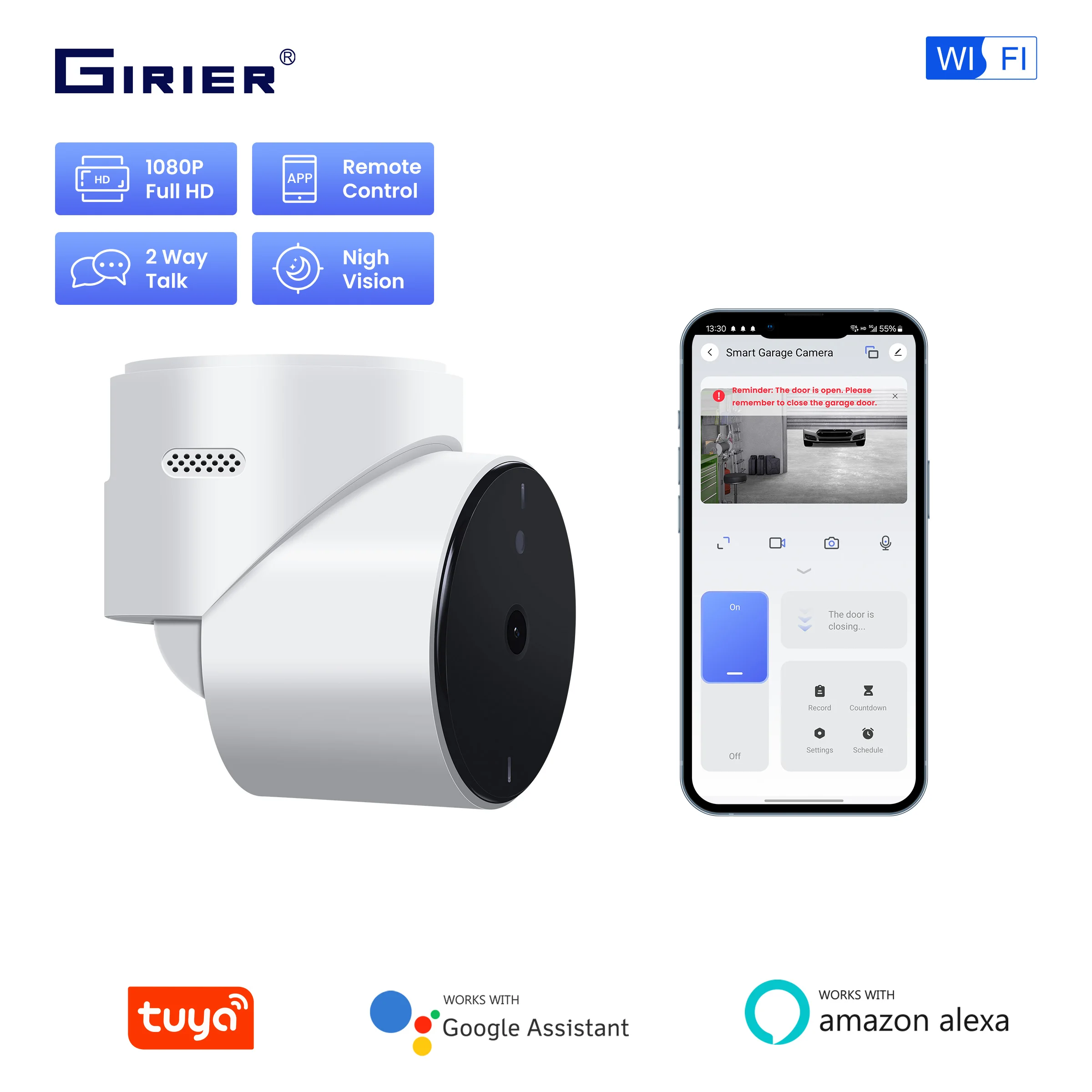 GIRIER Tuya Wifi فتحت باب المرآب مع كاميرا أمان 1080P كاميرا جراج ذكية تدعم الرؤية الليلية 2-Way Talk Works Alexa