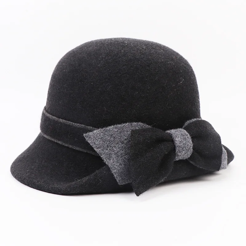 Autumn And Winter Middle-aged And Lady Curly Bow Tie Rope Whole Wool Basin Hat Outdoor Warm Hat