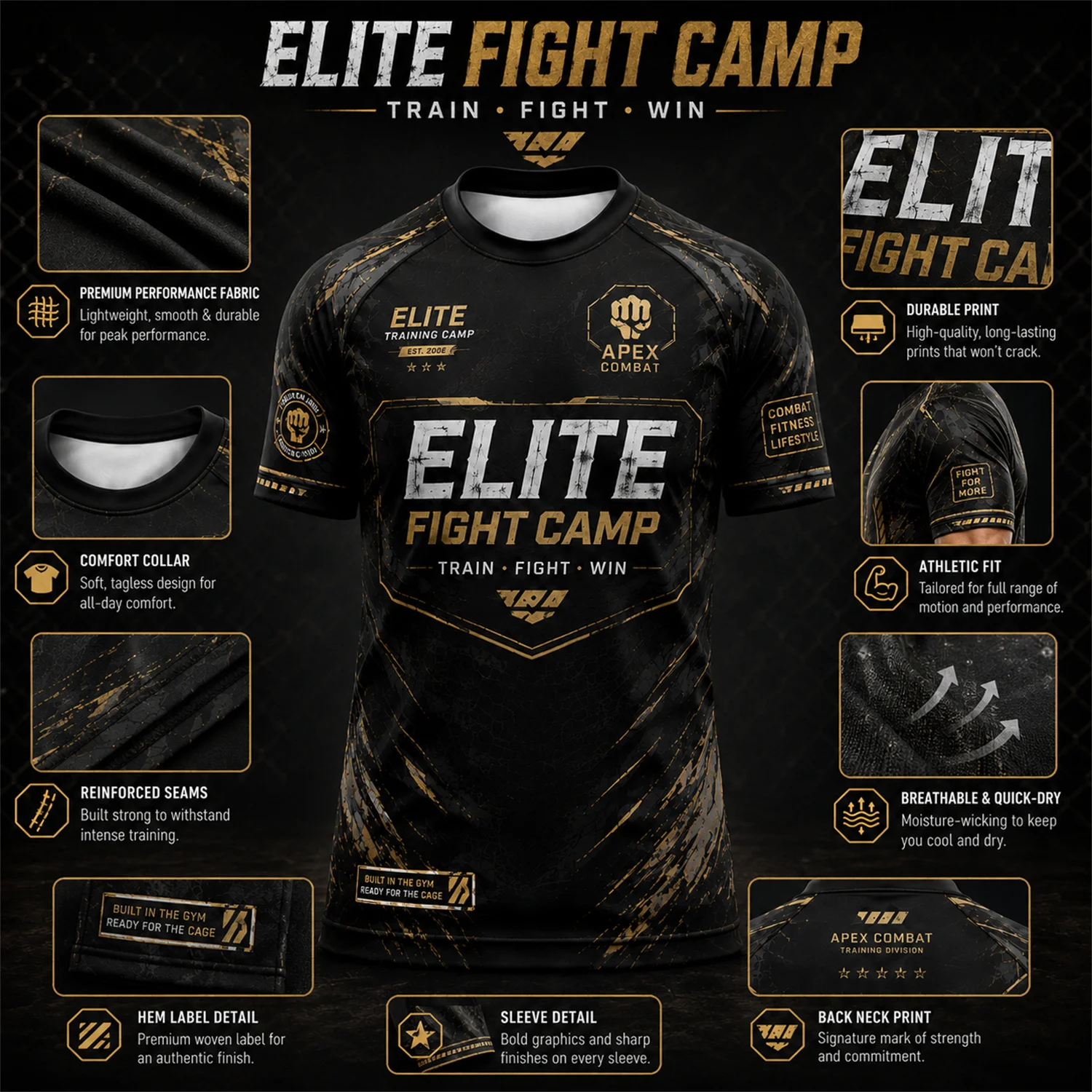 Mens Black Gold Elite Fight Graphic T Shirt Training Camp Style Gym Workout Fitness Athletic Combat Sports Short Sleeve Tee
