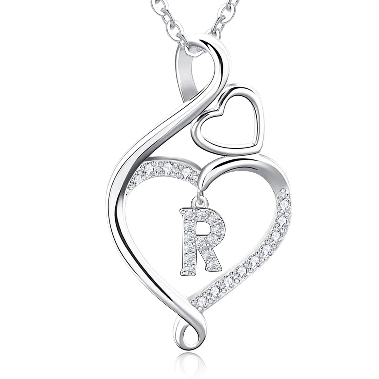 

Custom Silver Heart Initial Necklace Personalized Pendant with Cubic Zirconia Inlay Double Heart Design Dainty Chain Jewelry
