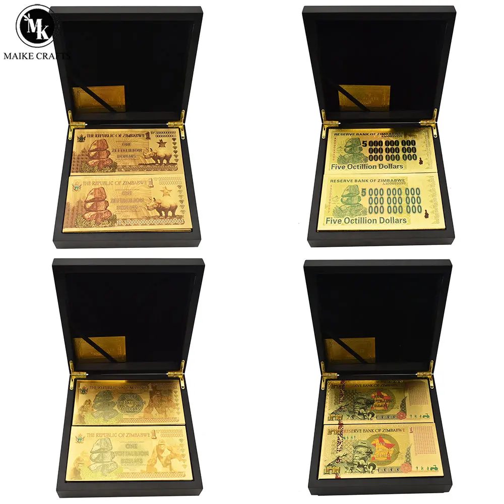 

100pcs/box Colorful Zimbabwe Five Octillion Dollars Gold Foil Banknotes Exquisite Wooden Box Set Craft Collection Business Gift