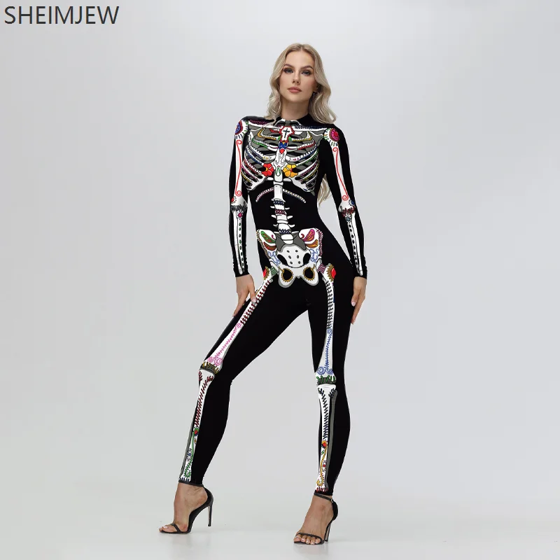 Halloween Kleurrijke Schedelprint Cosplay Jumpsuit Dag Van De Dode Vakantie Feest Zentai Pak Unisex Fancy Bodysuit Rave Outfits Nieuw