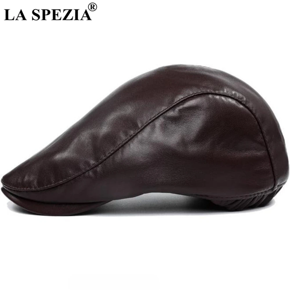 

LA SPEZIA Dark Brown Beret Hat Men Genuine Leather Flat Cap Real Sheepskin Leather Spring Autumn Male Solid Ivy Real Leather Hat