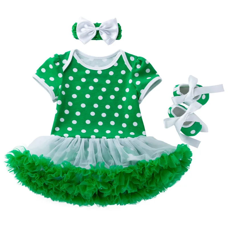 New St. Patrick's Cotton Polka Dot Short Sleeve Romper Dress Baby Green Mesh Princess Dress Children's Dress Set