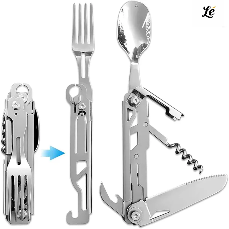 

1 pc 6-in-1 Detachable Camping Utensil Set - Stainless Steel Foldable Spoon Fork Knife Bottle Opener Compact Travel Cutlery