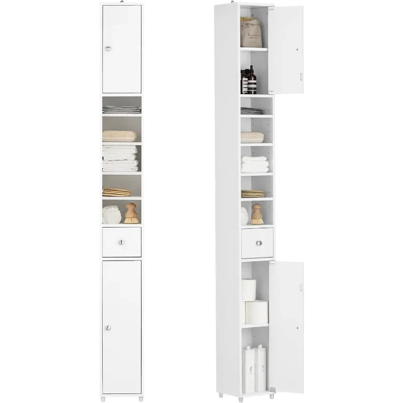 Bathroom Narrow Storage Cabinet Skinny Tall Unit with Adjustable Shelves Slender Anti-Tipping Floor Standing Cupboard,