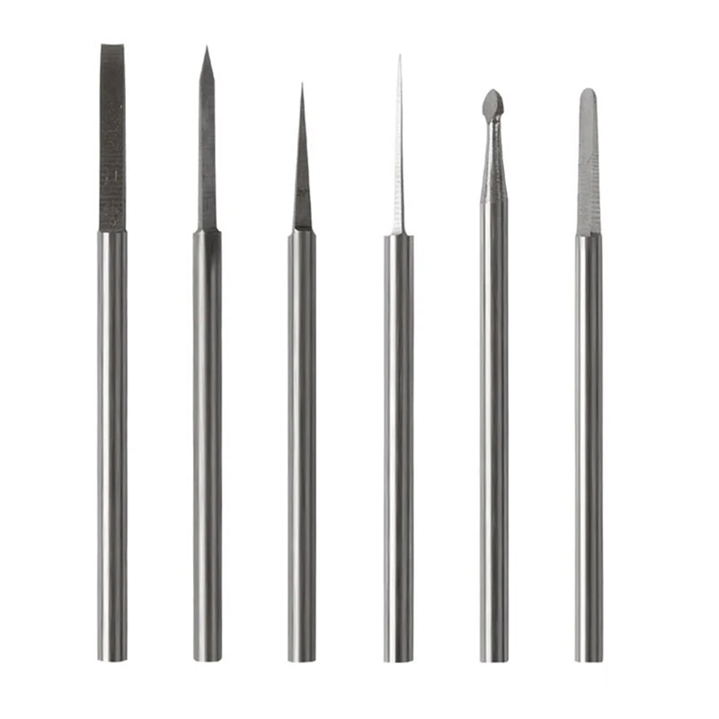 6 Piece Tungsten Steel Engraving Carving Knife Set Olive Amber End Mill Router Bit Silver Steel Sword Shaped Shank