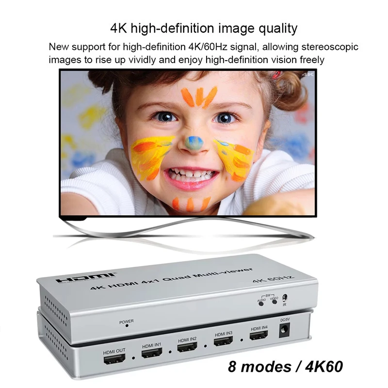 4K 60Hz HDMI 4X1 Quad Multi Viewer Switch 4 in 1 out HDMI Screen Multiviewer Seamless for 180\'270\' Flip PIP Picture in Picture